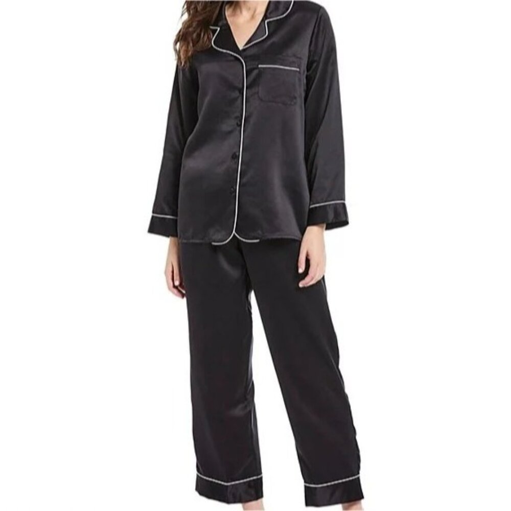 NWT Cabernet Woman Black Solid Contrast Piping Coordinating Satin Pajama Set 3X - Picture 1 of 16